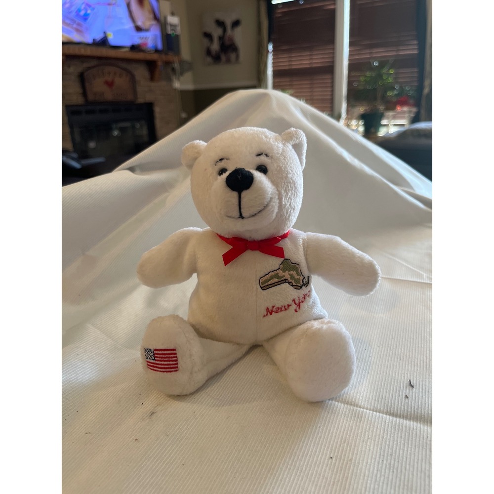 Symbolz New York Empire‎ State White Plush Bear Red Bow American Flag 2002 8"